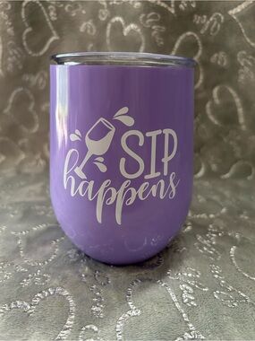 NEW Simply Remarkable 12 oz Purple "Sip Happens" Insulated Stemless Wine Tumbler